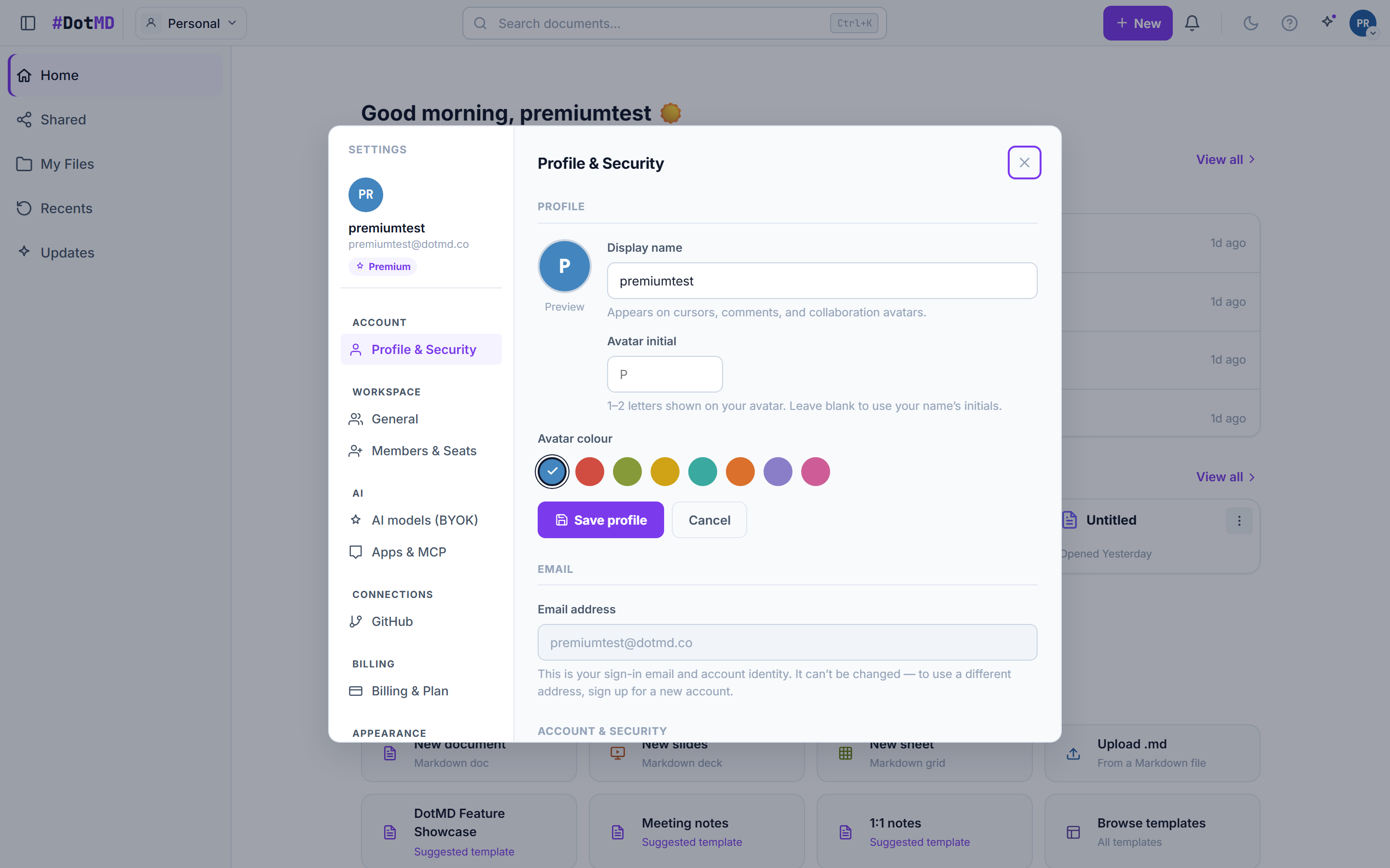 The Account settings pane with the export-your-data action and the account deletion section