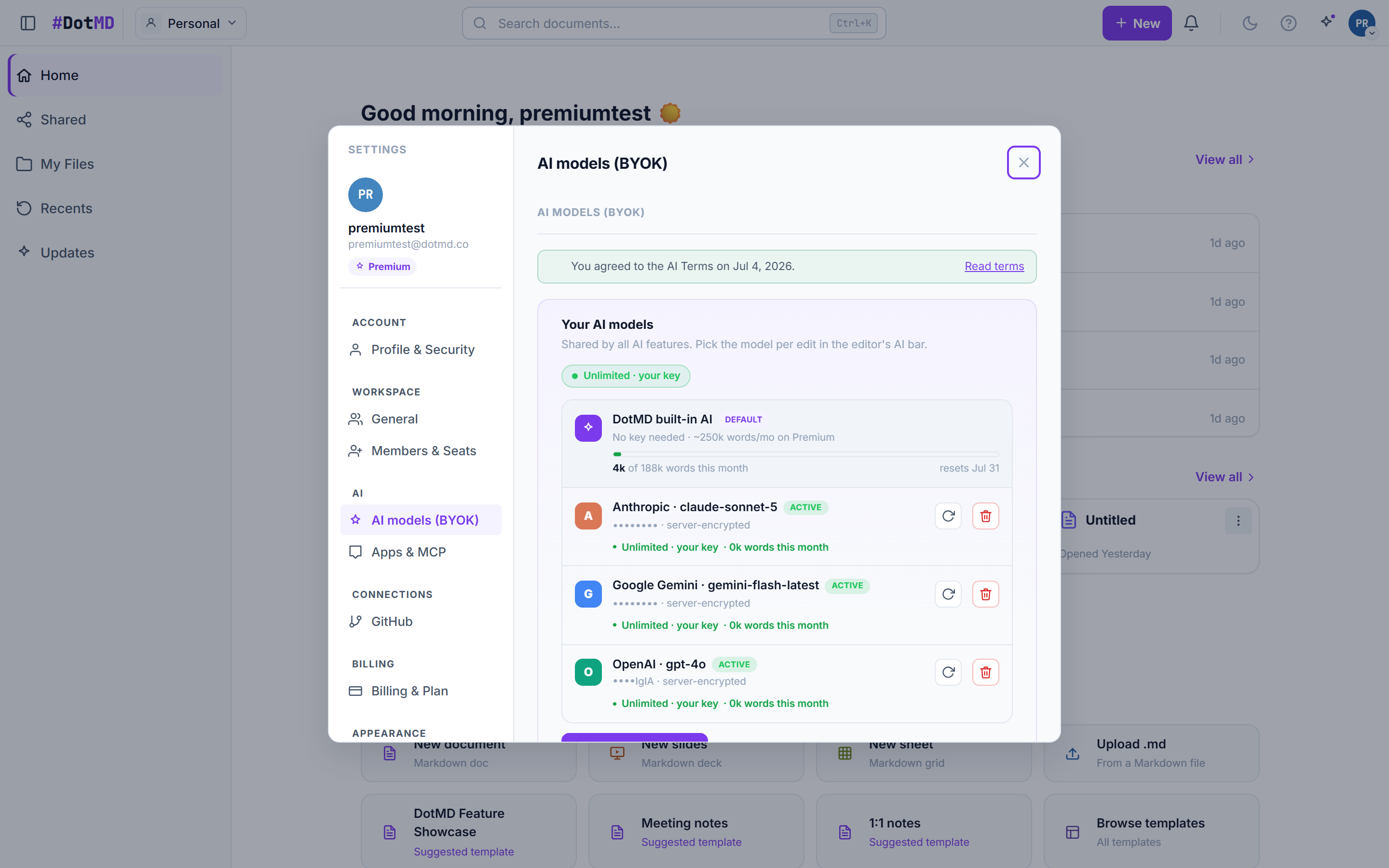 The AI settings pane showing the monthly usage meter and the Bring Your Own Key connection form