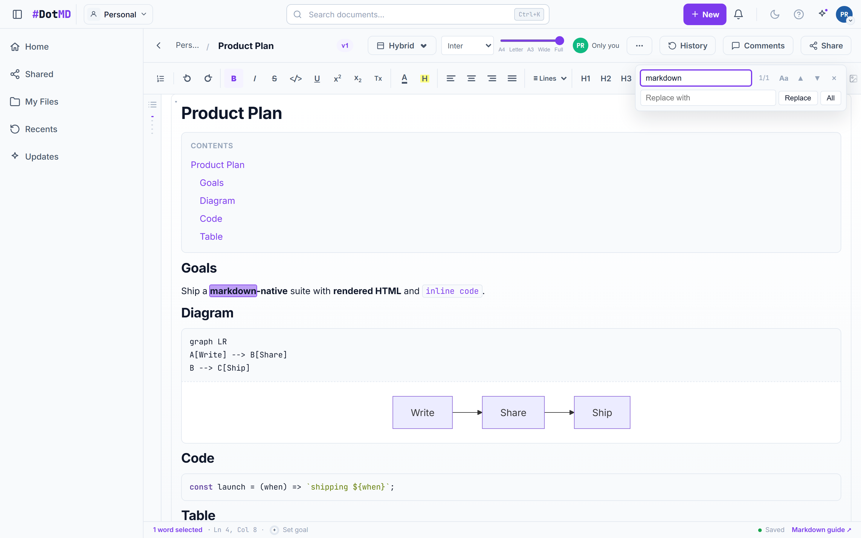The in-document find-and-replace bar with a search query, match count, and replace controls