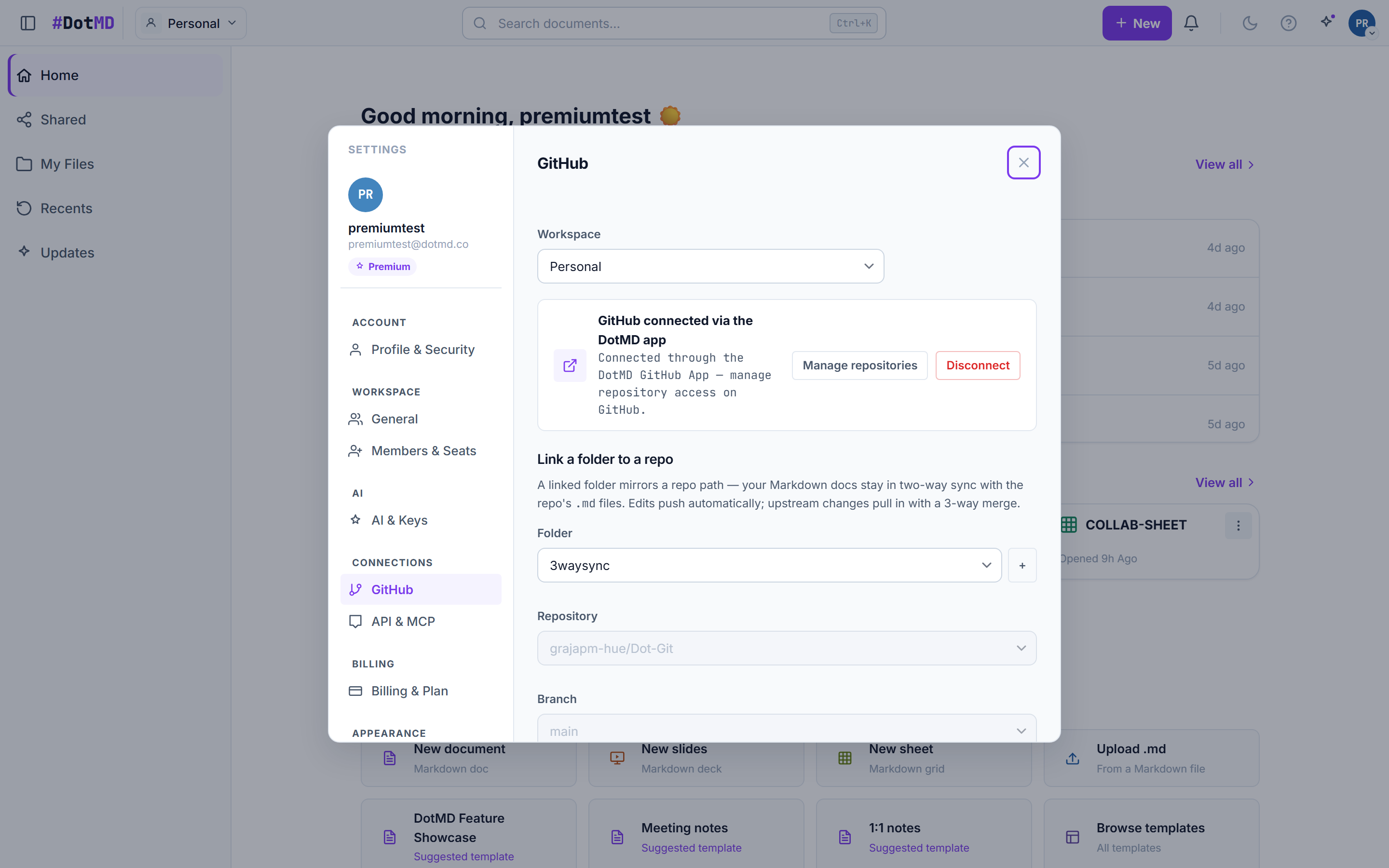 The GitHub settings pane showing a connected repository, a linked folder with branch and path, and sync status badges