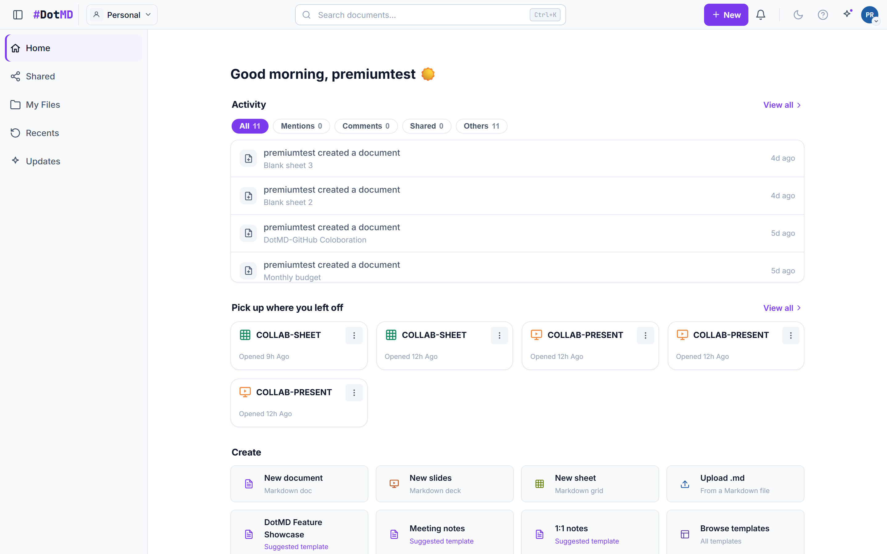 The DotMD dashboard with quick-action cards, the continue-where-you-left-off card, and the document list