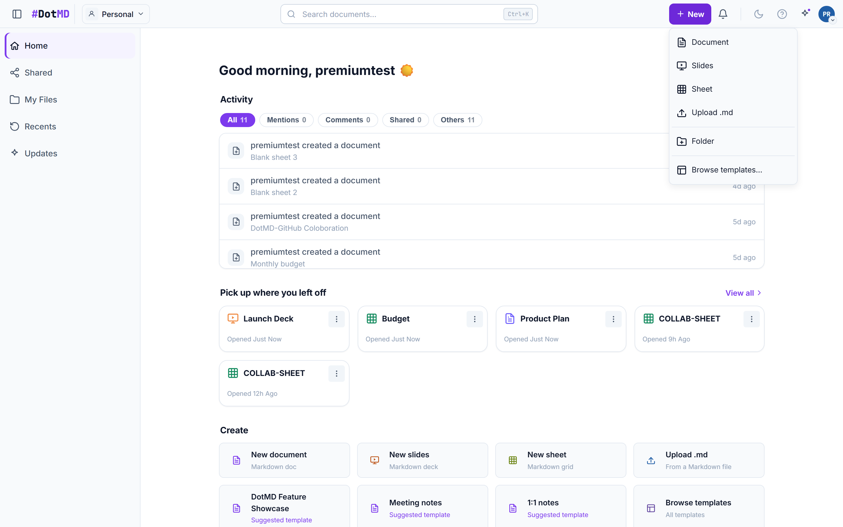 The "+ New" menu on the dashboard offering a new document, slides, sheet, folder, and the template gallery