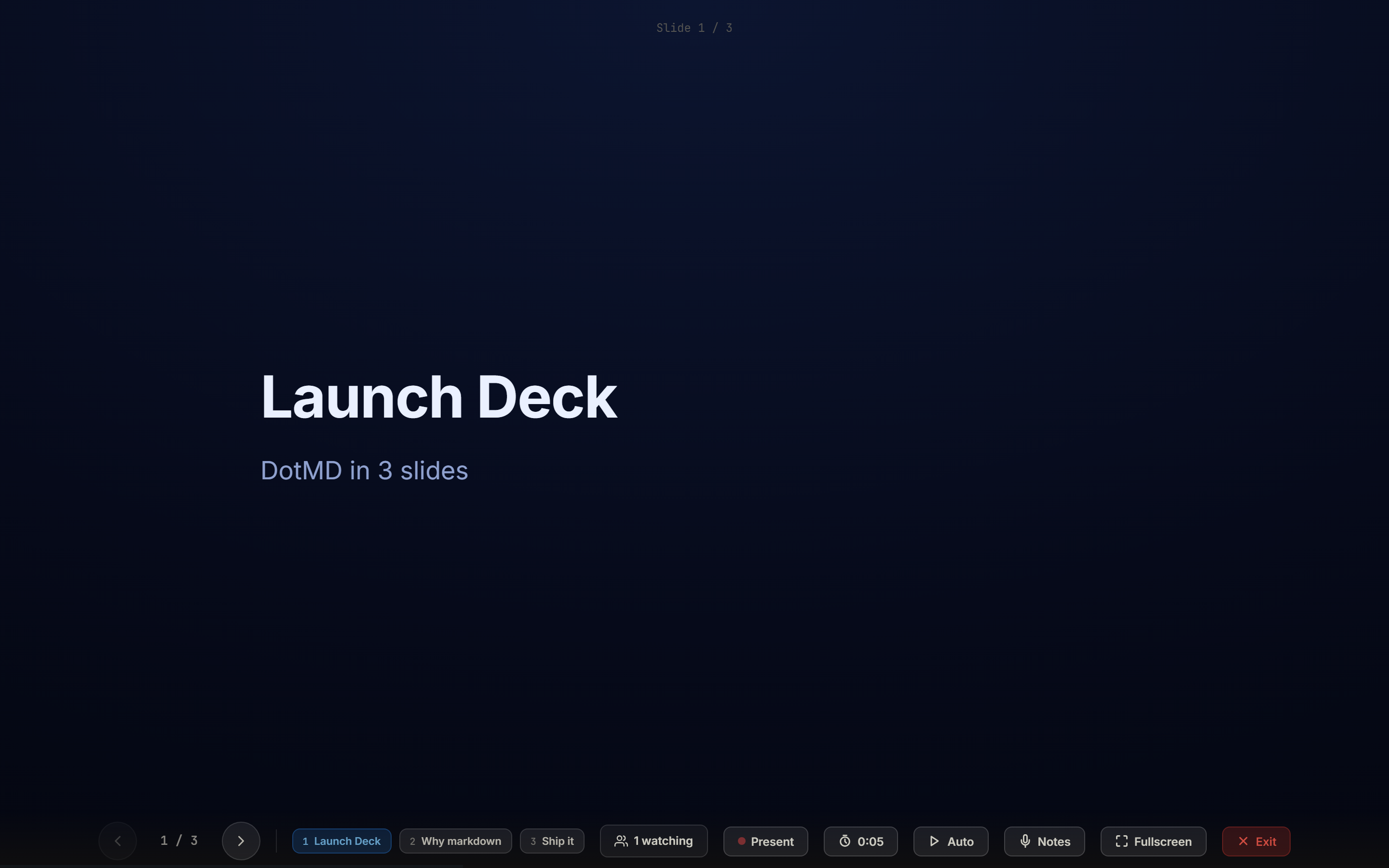 A slide deck in full-screen Present mode with navigation controls