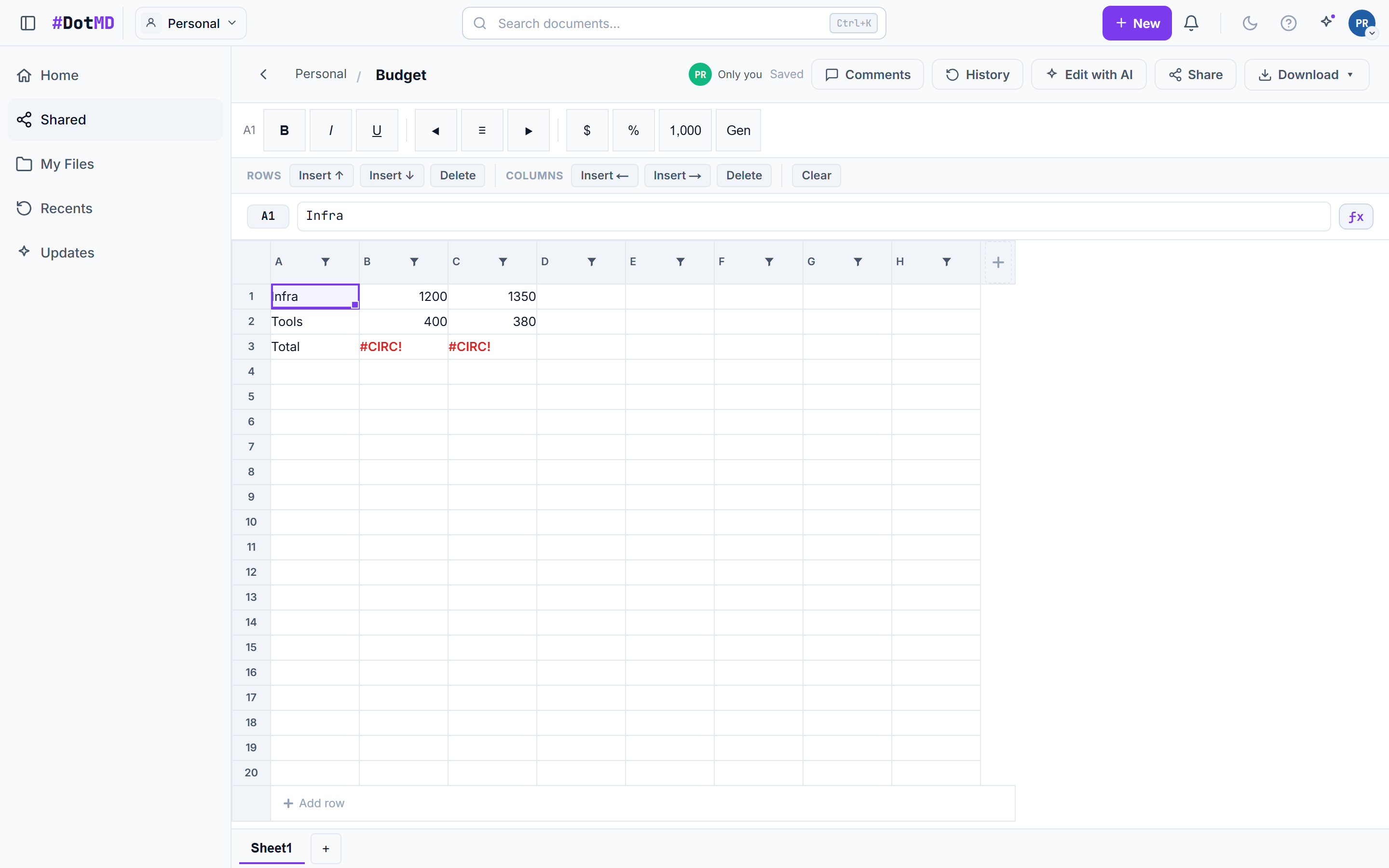 A DotMD sheet with a formula being edited, the fx assist panel open, and multi-sheet tabs along the bottom