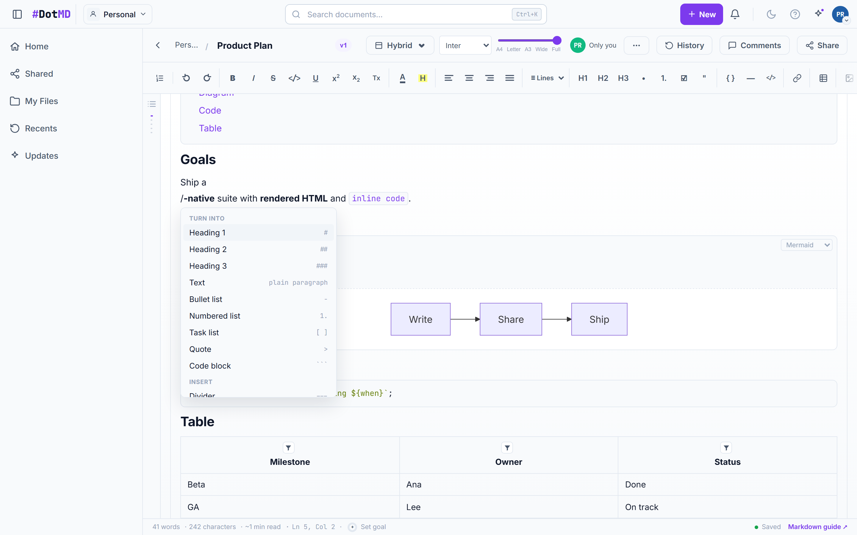 The slash-command menu open in the editor, listing insertable blocks such as headings, callouts, columns, and diagrams