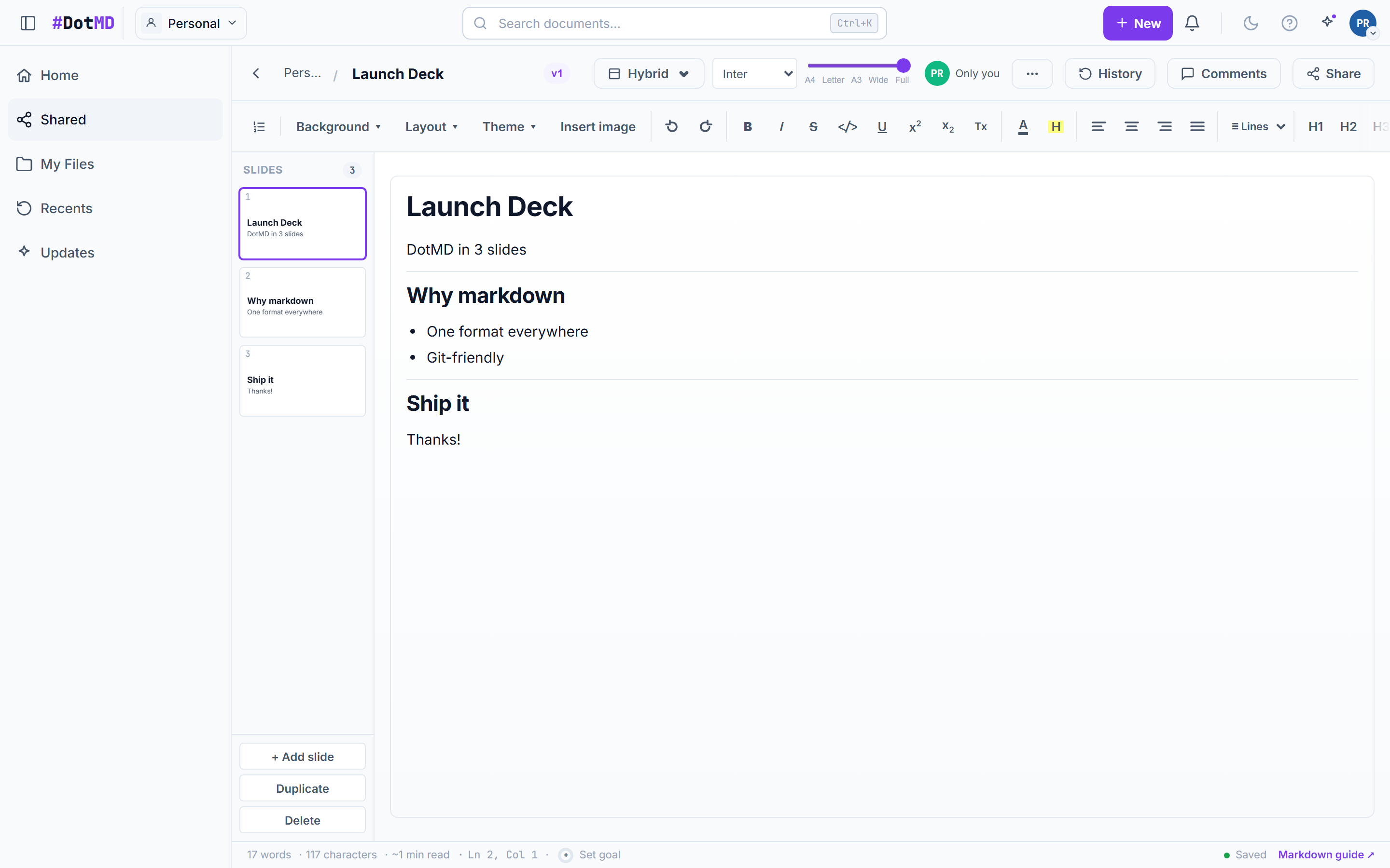 The slides editor showing a Markdown deck with the slide list and a rendered slide preview