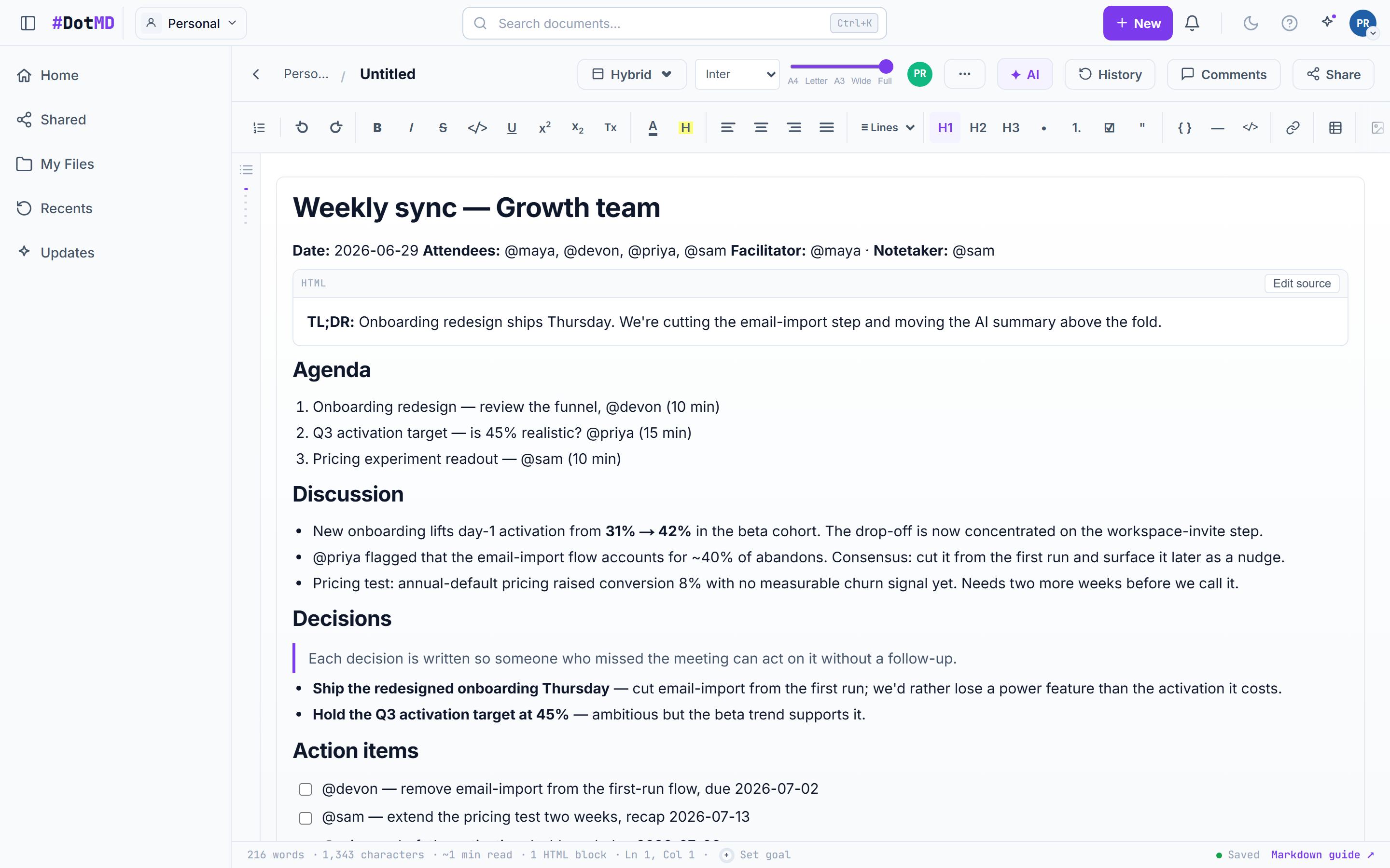 The document editor with the formatting toolbar across the top: text styles, headings, lists, table, code, and link controls